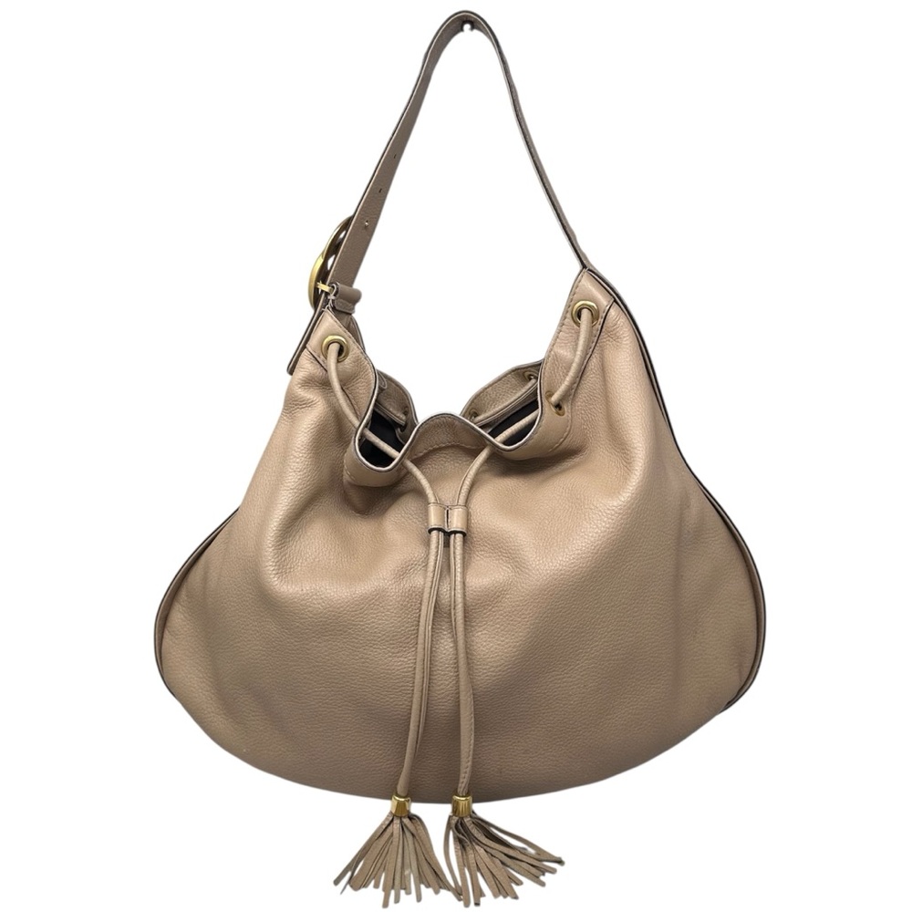 Gucci Tan Pebbled Leather Slouch Hobo Drawstring Tassel Bag Purse